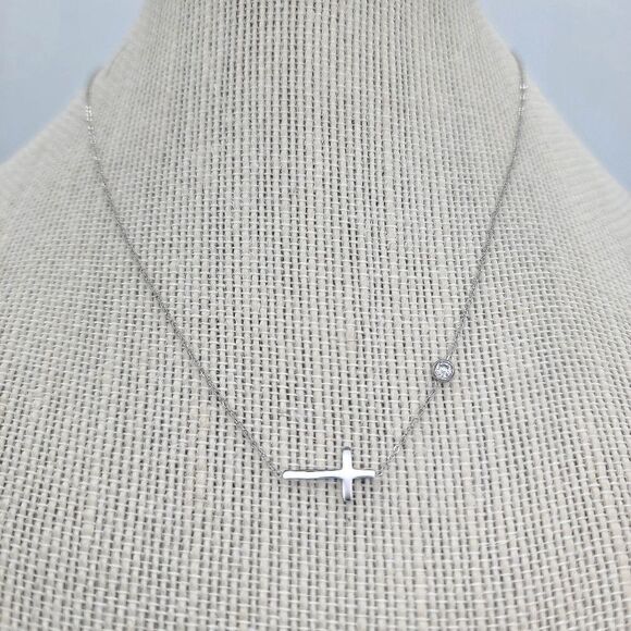 Silver Sideways Cross Necklace Cubic Zircon Charm - Picture 1 of 7